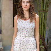 Printed Ribbed Tank Top & Shorts Set — Off-White & Peach