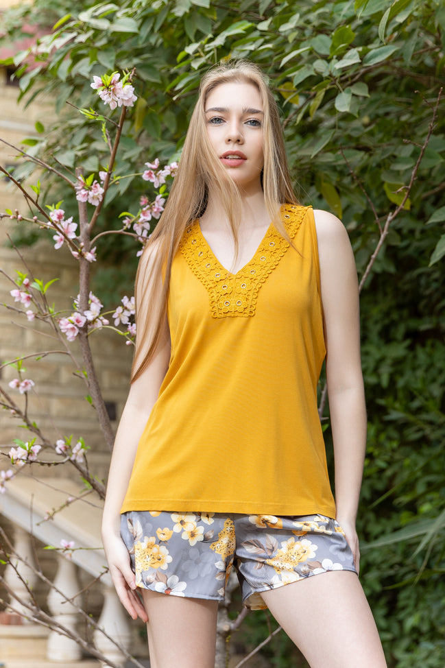 Crochet Tank & Satin Shorts Set — Mustard & Grey Floral