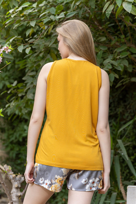 Crochet Tank & Satin Shorts Set — Mustard & Grey Floral