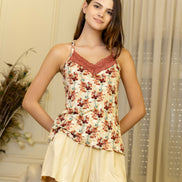 Floral Cami & Shorts Set with Lace — Cream