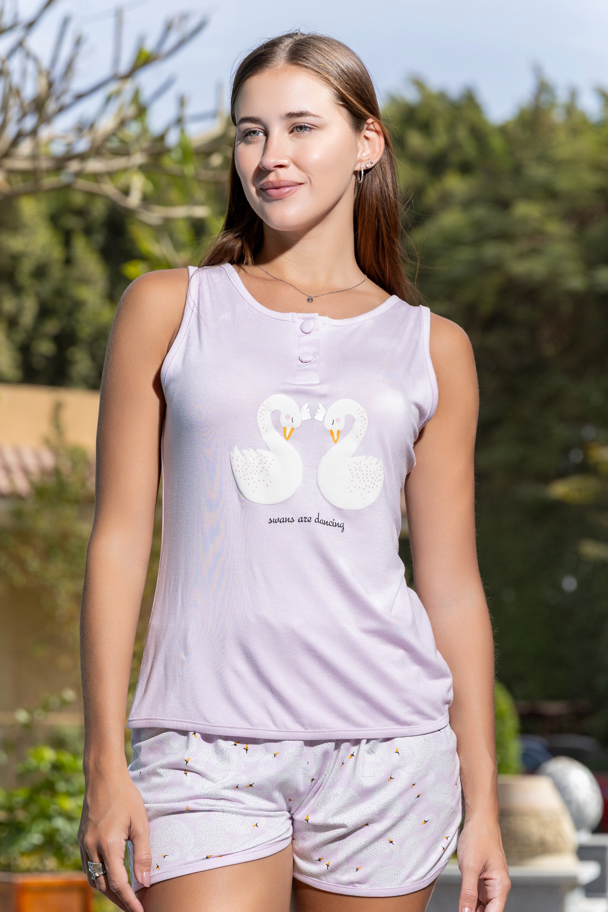 Swan Print Tank & Shorts Pajama Set — Lilac