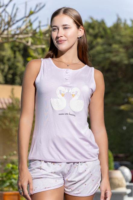 Swan Print Tank & Shorts Pajama Set — Lilac