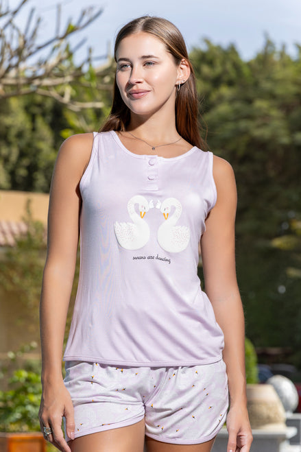 Swan Print Tank & Shorts Pajama Set — Lilac