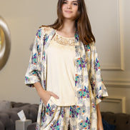 Floral Robe, Camisole & Shorts Set — Cream with Purple & Teal
