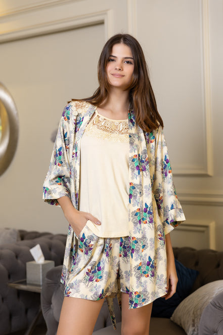 Floral Robe, Camisole & Shorts Set — Cream with Purple & Teal