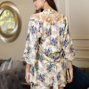 Floral Robe, Camisole & Shorts Set — Cream with Purple & Teal