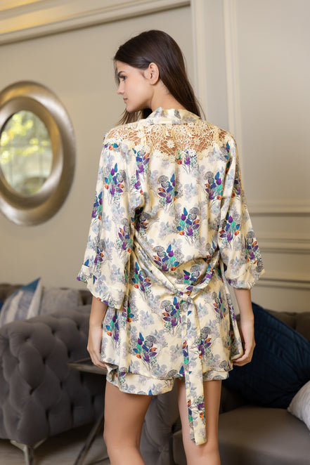 Floral Robe, Camisole & Shorts Set — Cream with Purple & Teal