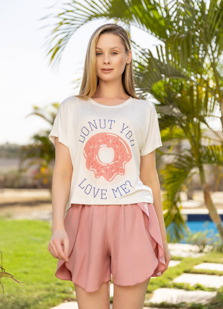 Donut Graphic T-Shirt & Shorts Set — Off-White & Pink