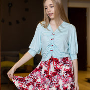 Ruched Top & Floral Skirt Lounge Set — Baby Blue & Red