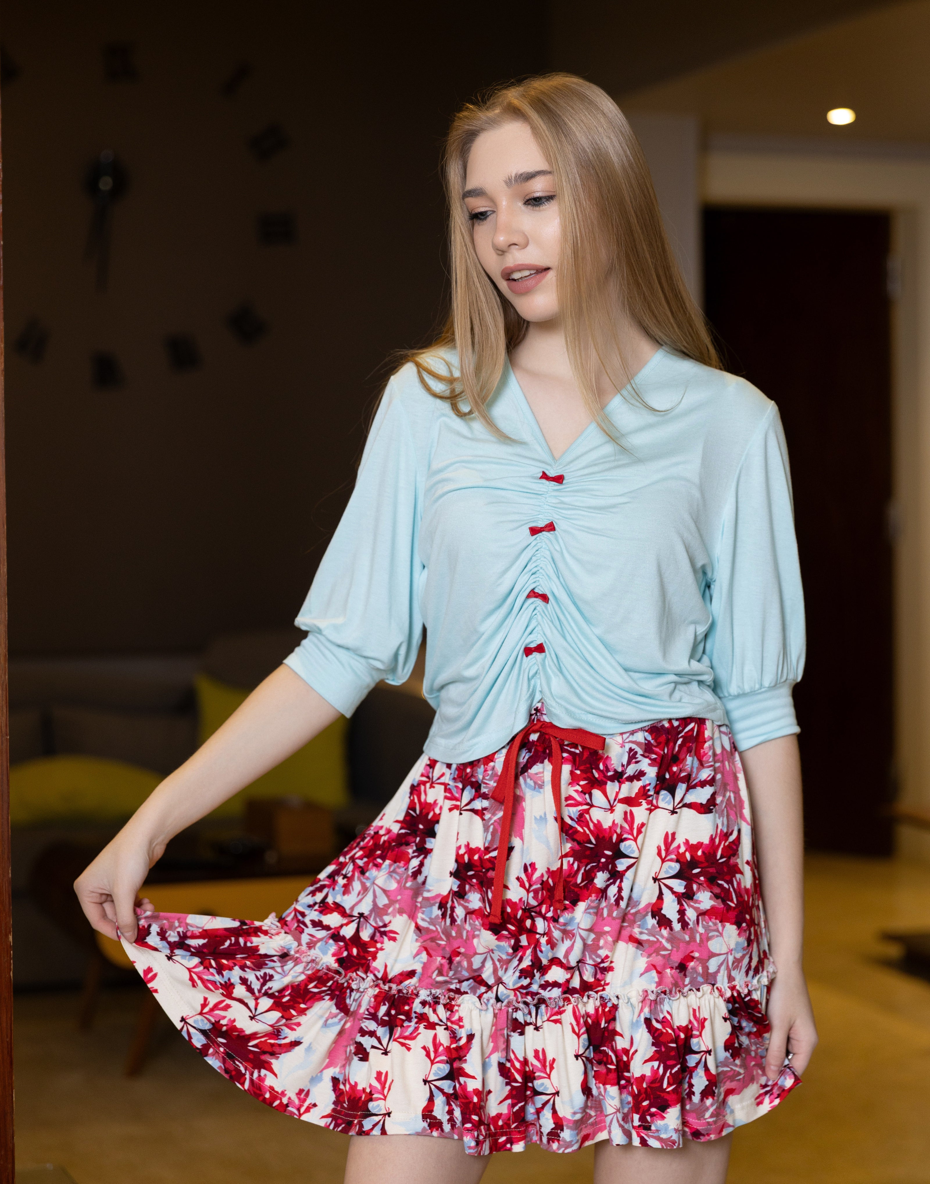 Ruched Top & Floral Skirt Lounge Set — Baby Blue & Red