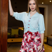 Ruched Top & Floral Skirt Lounge Set — Baby Blue & Red