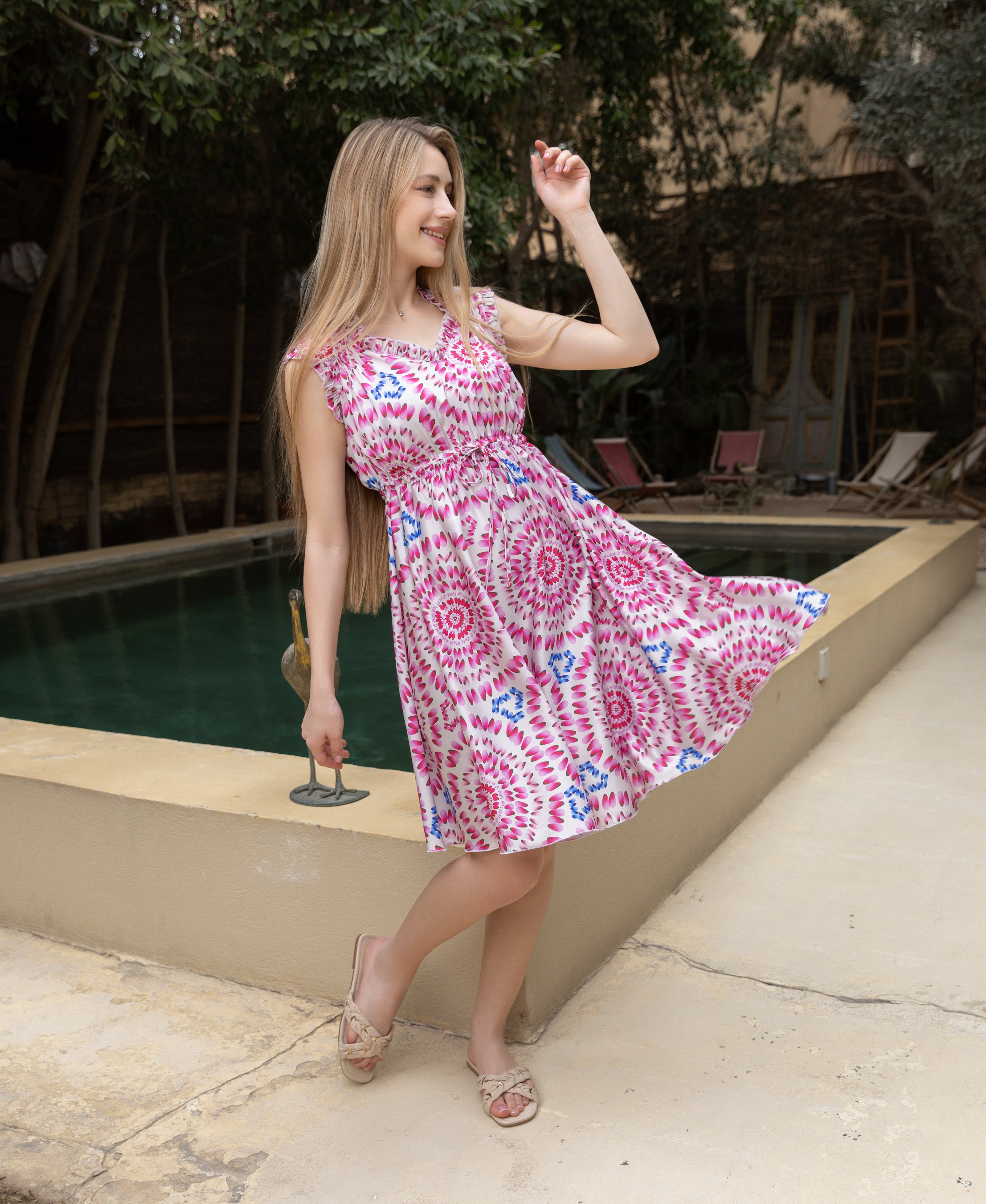 Satin Flared Dress — Rose Medallion Print