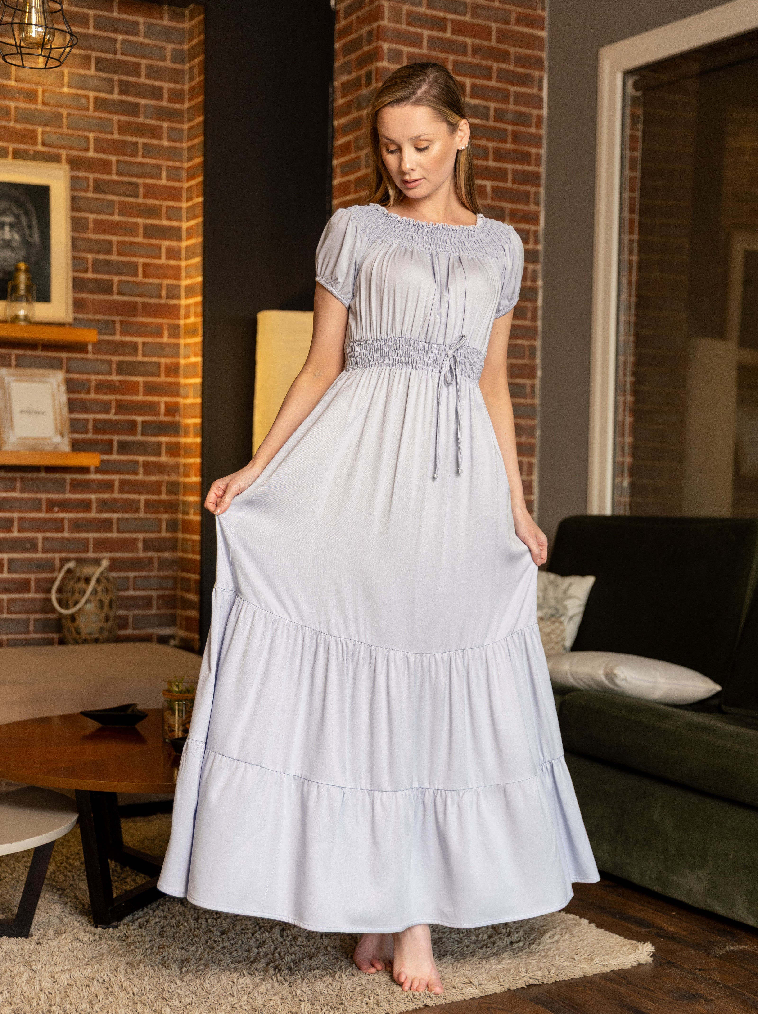 Maxi Dress with Smocked Details — Light Grey