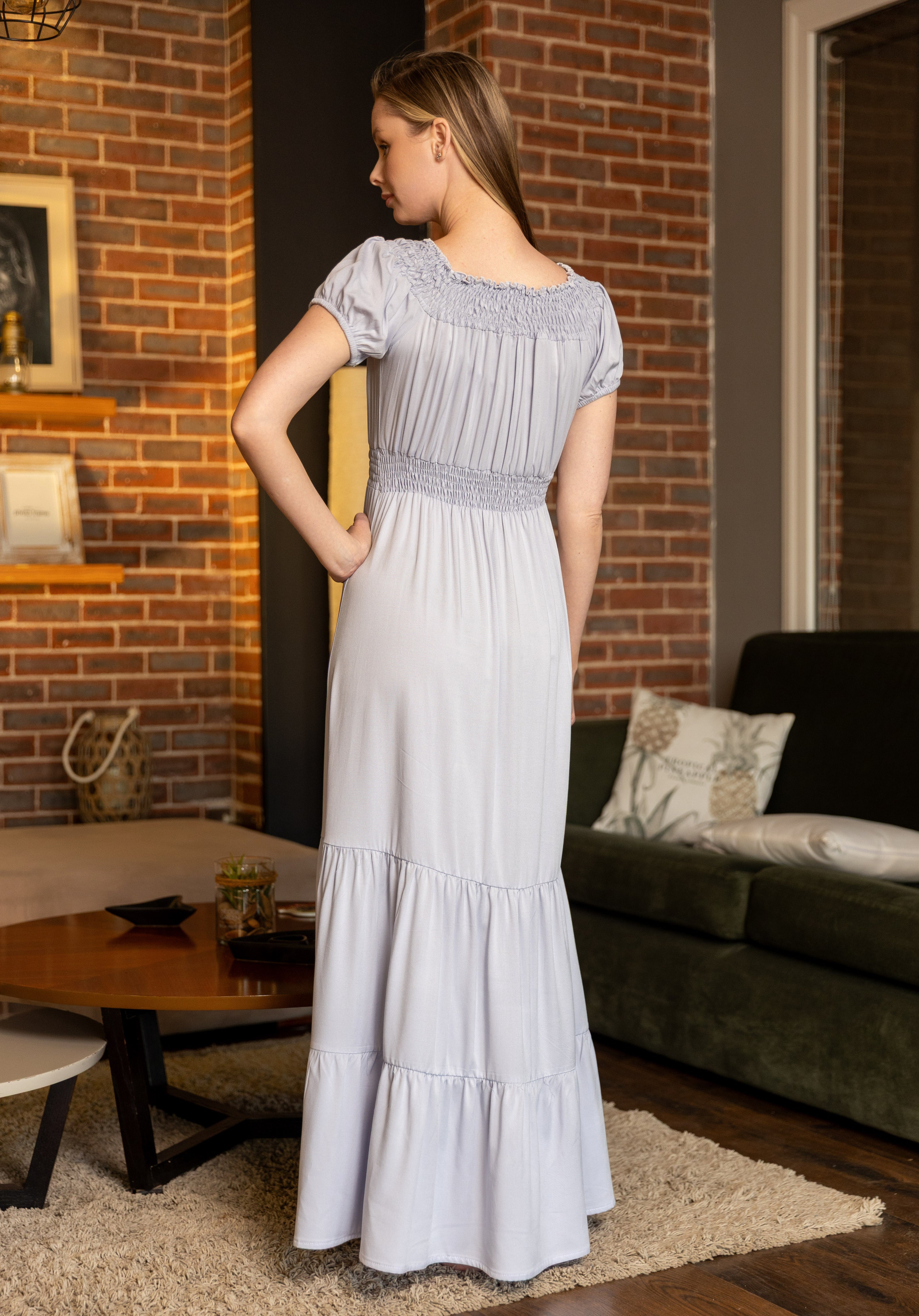 Maxi Dress with Smocked Details — Light Grey