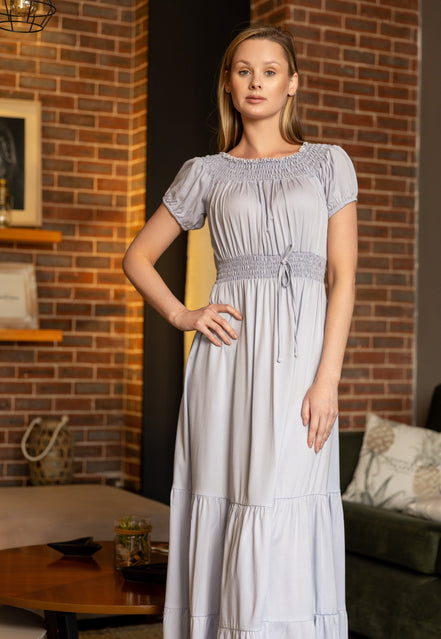 Maxi Dress with Smocked Details — Light Grey