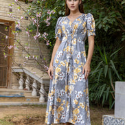 Satin Maxi Dress — Grey Floral with Puff Sleeves