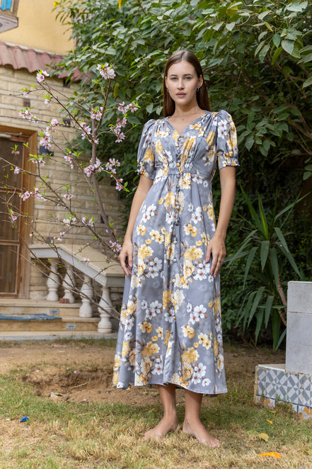Satin Maxi Dress — Grey Floral with Puff Sleeves