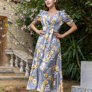 Satin Maxi Dress — Grey Floral with Puff Sleeves