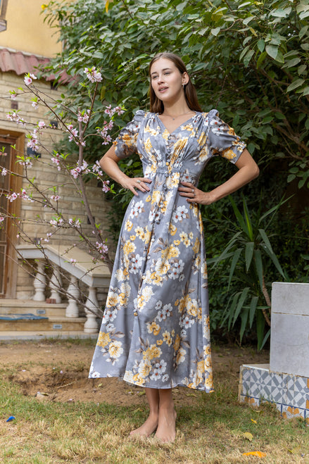 Satin Maxi Dress — Grey Floral with Puff Sleeves
