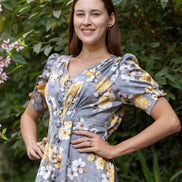 Satin Maxi Dress — Grey Floral with Puff Sleeves