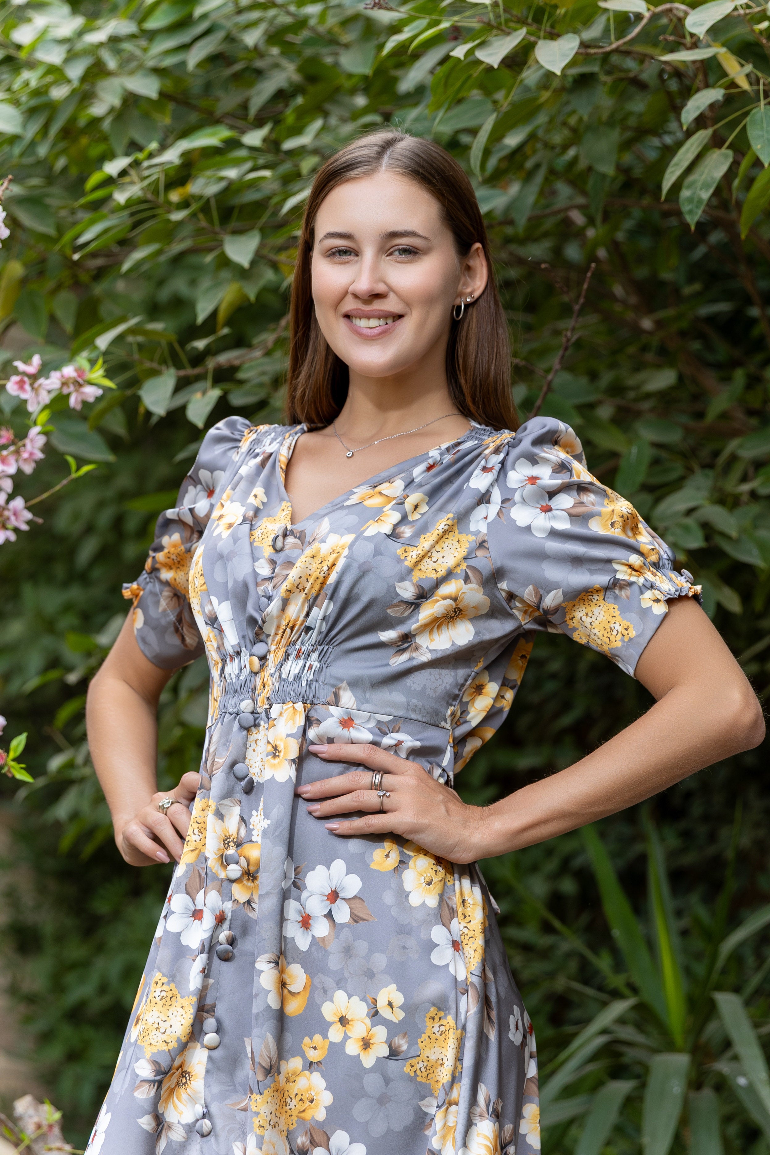Satin Maxi Dress — Grey Floral with Puff Sleeves
