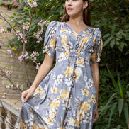 Satin Maxi Dress — Grey Floral with Puff Sleeves