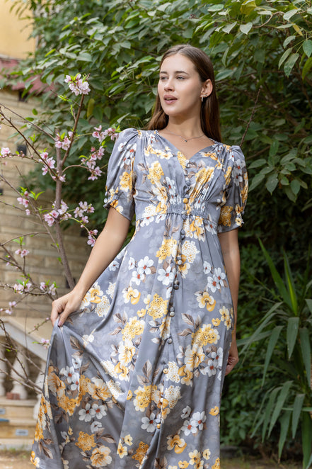Satin Maxi Dress — Grey Floral with Puff Sleeves