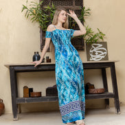 Bandhani Print Smocked Maxi Dress — Turquoise Blue