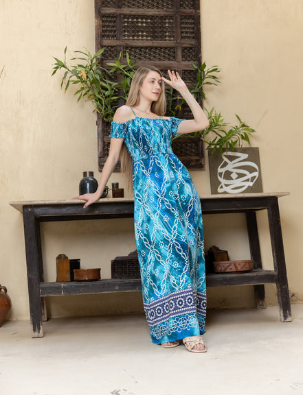 Bandhani Print Smocked Maxi Dress — Turquoise Blue