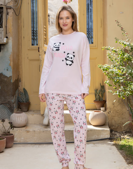 Panda Print Cotton Pajama Set — Pink