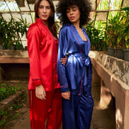 Satin Pajama Set — Dark Blue & Red