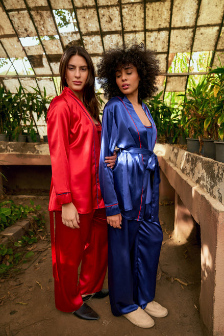 Satin Pajama Set — Dark Blue & Red