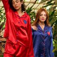 Satin Pajama Set — Dark Blue & Red