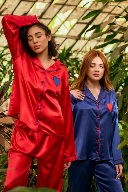 Satin Pajama Set — Dark Blue & Red