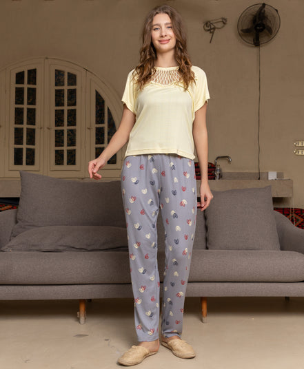Pajama Set — Light Yellow & Heart-Print Grey