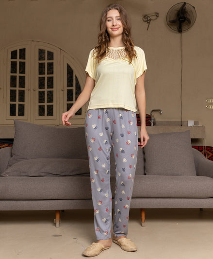 Pajama Set — Light Yellow & Heart-Print Grey