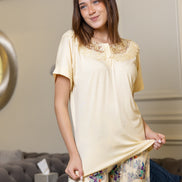 Lace-Trim Top & Floral Print Pants Set — Cream & Multi-Color
