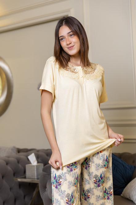 Lace-Trim Top & Floral Print Pants Set — Cream & Multi-Color