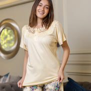 Lace-Trim Top & Floral Print Pants Set — Cream & Multi-Color