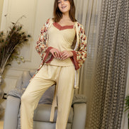 Three-Piece Pajama Set with Floral Robe — Cream