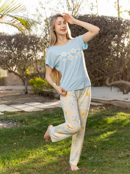 Daisy Print Homewear Set — Light Blue & Cream Floral