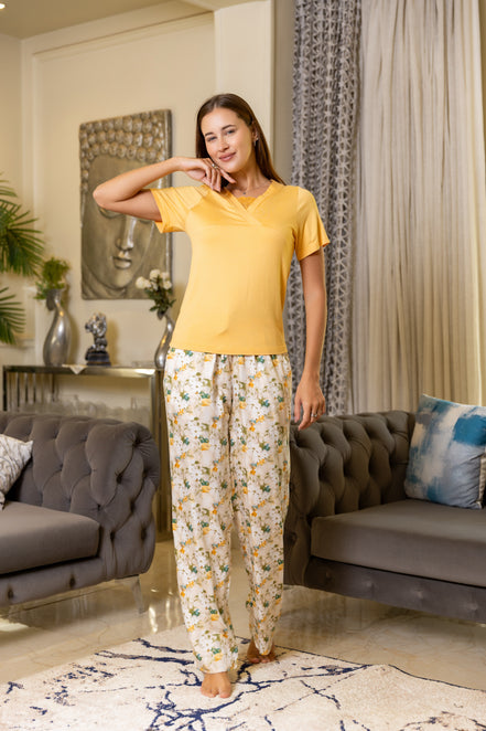 Pajama Set — Yellow Top & Floral Print Pants