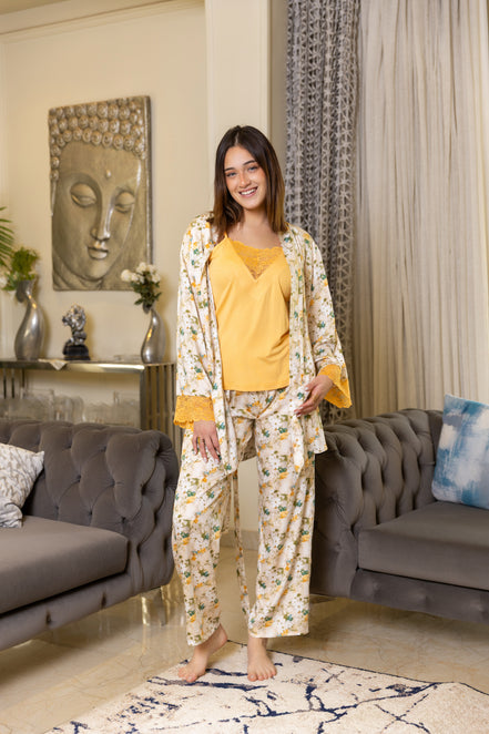 Pajama Set & Robe — Yellow & Floral Print