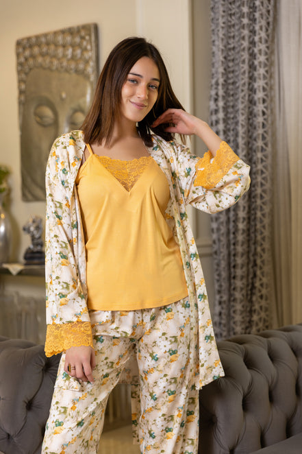 Pajama Set & Robe — Yellow & Floral Print