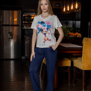Graphic Print T-Shirt & Pants Set — White & Navy