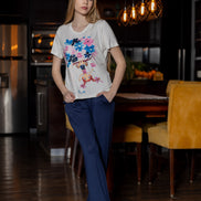 Graphic Print T-Shirt & Pants Set — White & Navy
