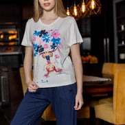 Graphic Print T-Shirt & Pants Set — White & Navy