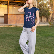 Graphic Top & Pants Set — Navy Blue & Light Grey