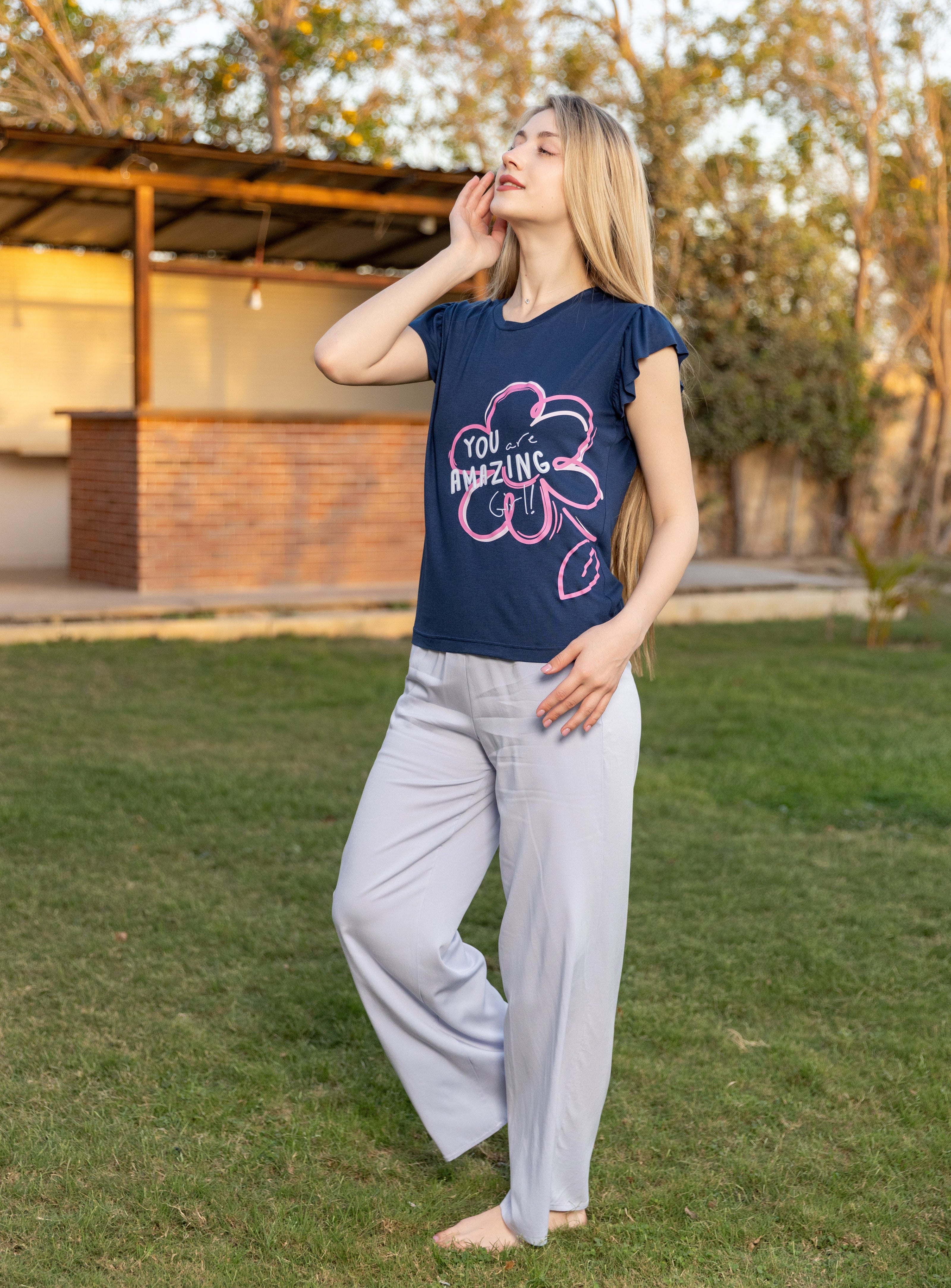 Graphic Top & Pants Set — Navy Blue & Light Grey