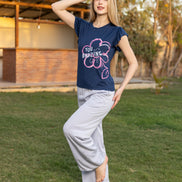 Graphic Top & Pants Set — Navy Blue & Light Grey